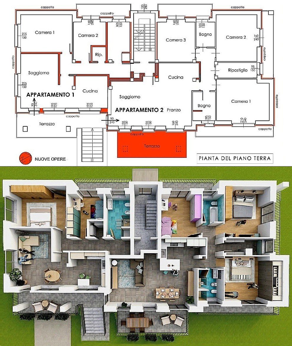 Planimetria e render di progetto per una casa pensata per abitare